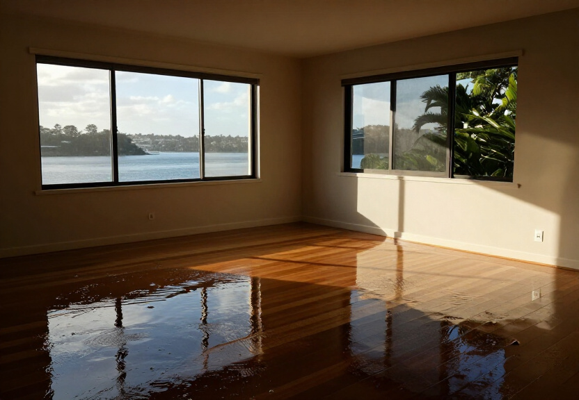 Flood-damaged living room in Watsons Bay before restoration
